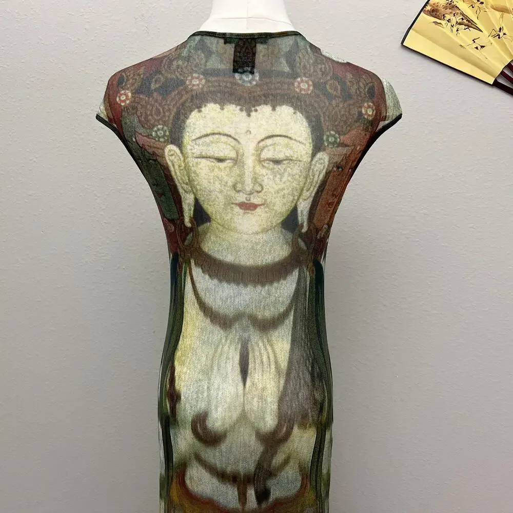 vintage 90s rare vivienne tam kuan yin buddha print mesh maxi dress - Picture 6 of 9